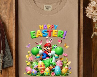 Mario Yoshi Easter Shirt, Bunny Ears Gamer Tee, Colorful Spring Holiday Graphic