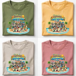 May include: Four t-shirts in olive green, yellow, beige, and dusty pink, each featuring a graphic print of Disney characters at a beach with a castle, palm trees, and the text Disney Summer. The design includes Mickey, Minnie, Donald, and Goofy.