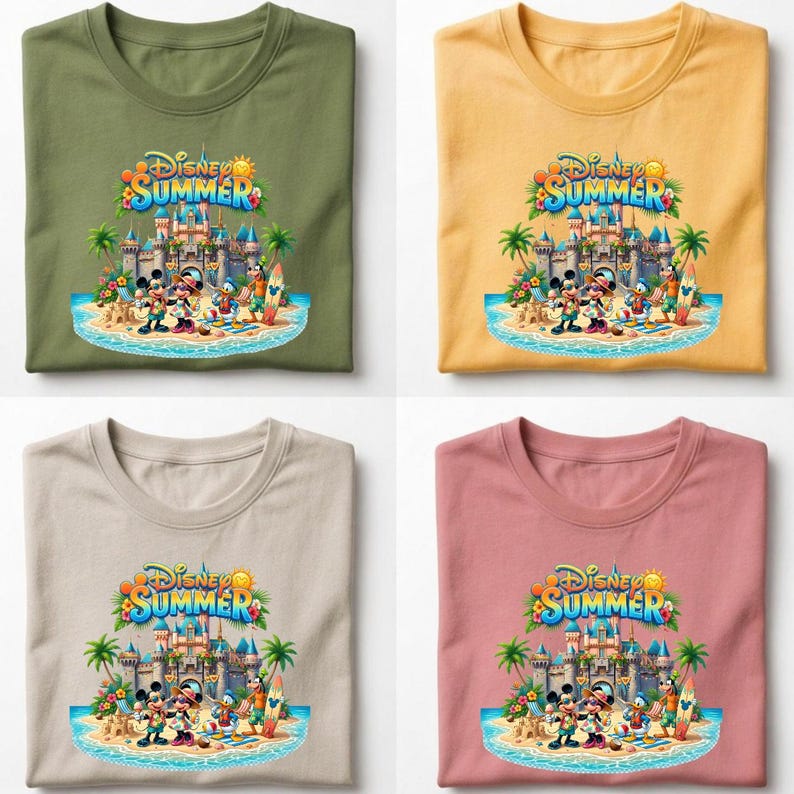May include: Four t-shirts in olive green, yellow, beige, and dusty pink, each featuring a graphic print of Disney characters at a beach with a castle, palm trees, and the text Disney Summer. The design includes Mickey, Minnie, Donald, and Goofy.