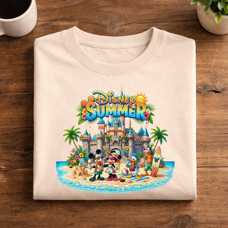 May include: A beige crew neck t-shirt featuring a colorful graphic of Disney characters including Mickey, Minnie, Donald, and Goofy on a beach in front of a castle. The text Disney SUMMER is printed in blue and orange above the characters.