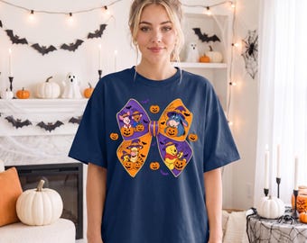 Winnie the Pooh Halloween Shirt, Winnie Pooh Pumpkin Tee, Witch Hat Bow Halloween Shirt, Disney Spooky Cute Tee, Womens Orange Purple Shirt