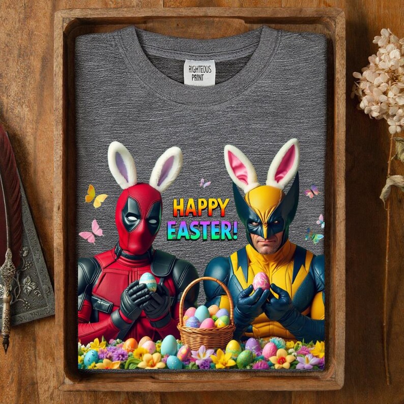 Deadpool Wolverine Easter Shirt, Funny Superhero Bunny Tee, Marvel Fan Holiday Gift, Happy Easter Comic Graphic afbeelding 3