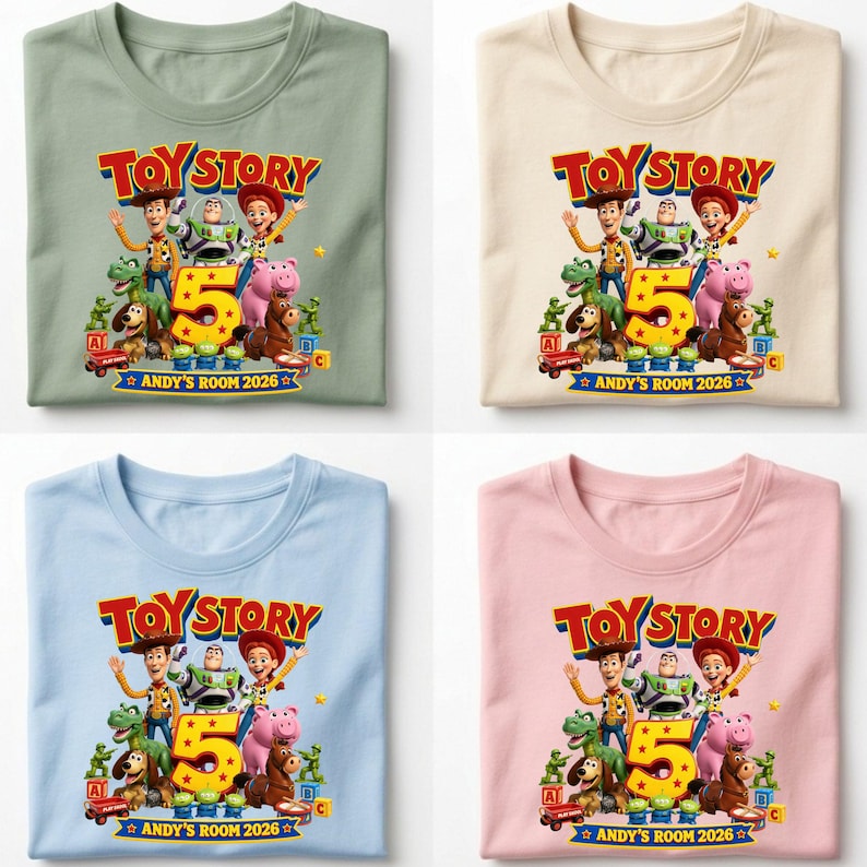 May include: Four t-shirts in sage green, beige, light blue, and light pink, each featuring a Toy Story graphic with characters Woody, Buzz Lightyear, Jessie, Rex, Slinky Dog, Hamm, Bullseye, and green soldiers, a large number 5, and text.