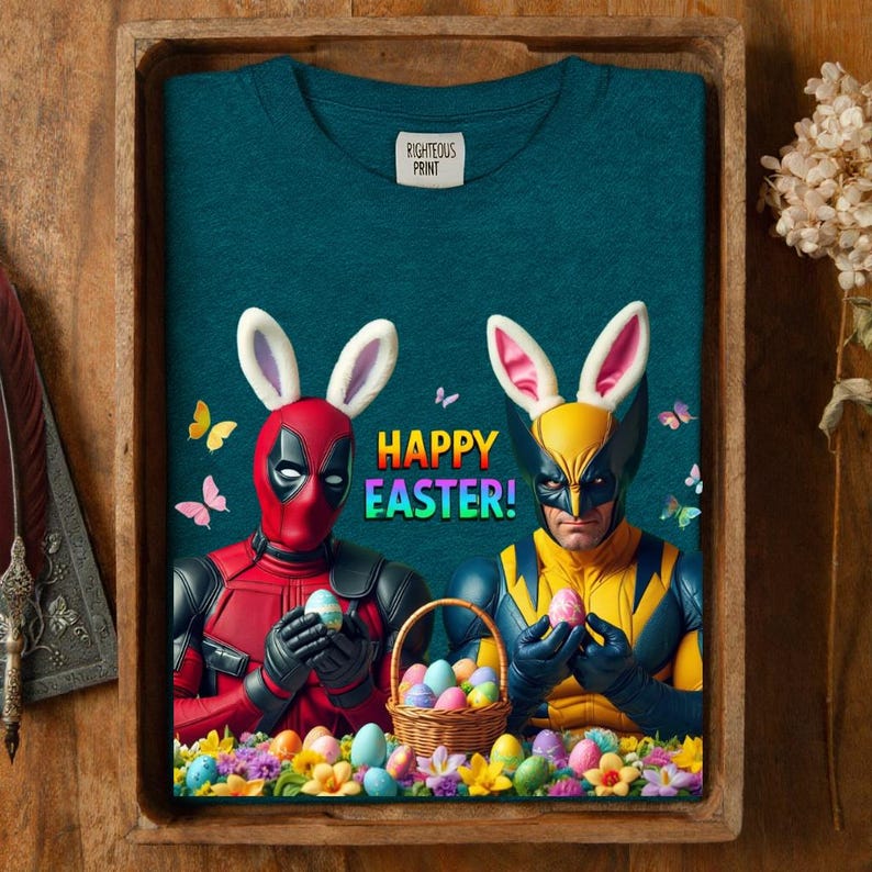 Deadpool Wolverine Easter Shirt, Funny Superhero Bunny Tee, Marvel Fan Holiday Gift, Happy Easter Comic Graphic afbeelding 9