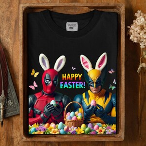 Deadpool Wolverine Easter Shirt, Funny Superhero Bunny Tee, Marvel Fan Holiday Gift, Happy Easter Comic Graphic afbeelding 5