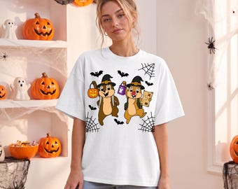 Chip and Dale Halloween Shirt, Witch Hat Jack O Lantern Tee, Spooky Bats Cobweb Gray Shirt, Disney Womens Halloween Tee, Chip and Dale Tee