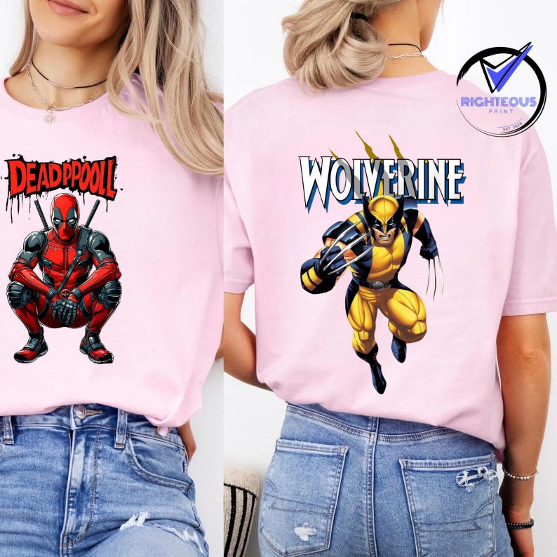 May include: Pink t-shirts featuring comic book characters. One shirt displays "DEADPOOL" with Deadpool in a crouching pose. The other shirt shows "WOLVERINE" with Wolverine in a running pose. Both shirts are paired with blue jeans.