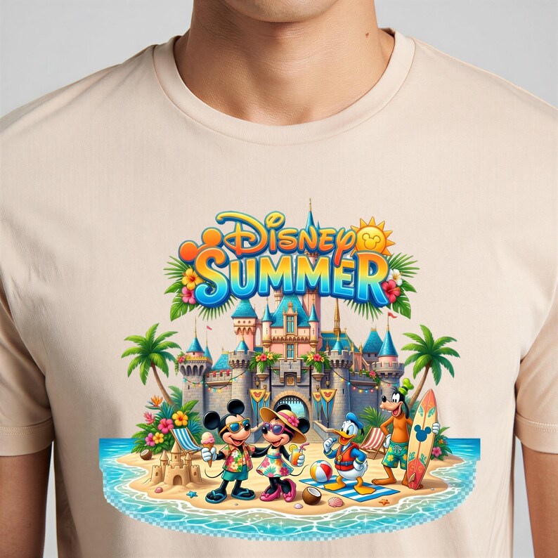 May include: A beige t-shirt featuring a graphic print of Mickey Mouse, Minnie Mouse, Donald Duck, and Goofy on a beach in front of a castle. The text "Disney SUMMER" is printed in blue and orange above the characters, surrounded by palm trees.
