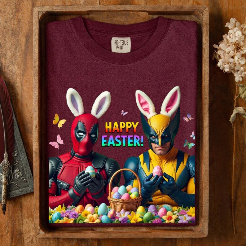 Deadpool Wolverine Easter Shirt, Funny Superhero Bunny Tee, Marvel Fan Holiday Gift, Happy Easter Comic Graphic afbeelding 12