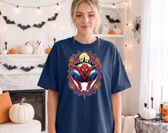 Spider-Man Halloween Shirt, Spider-Man Halloween Tee, Marvel Pumpkin T-Shirt, Spidey Web Skyline Graphic Shirt, Marvel Comics T-Shirt