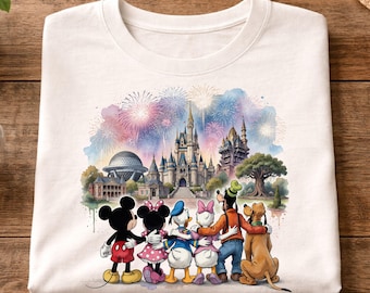 Mickey and Friends Watercolor Castle Shirt, Disney 4 Parks Fireworks Tee, Magical Family Vacation Gift