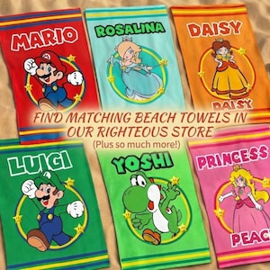 May include: Six rectangular beach towels featuring Nintendo characters Mario, Rosalina, Daisy, Luigi, Yoshi, and Princess Peach. Each towel displays the character's name in bold letters above a circular graphic with stars and the character illustration.