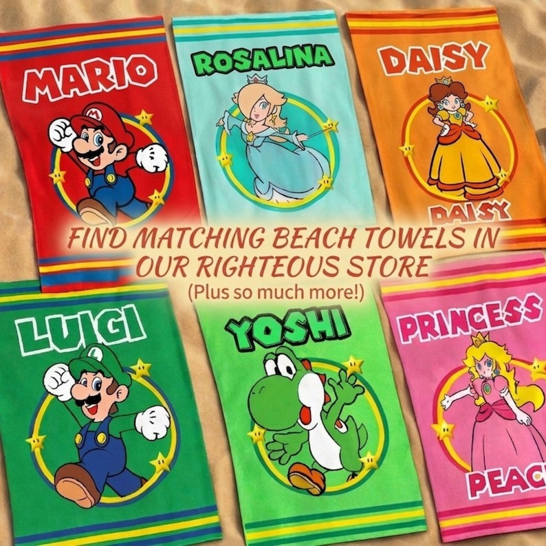 May include: Six rectangular beach towels featuring Nintendo characters Mario, Rosalina, Daisy, Luigi, Yoshi, and Princess Peach. Each towel displays the character's name in bold letters above a circular graphic with stars and the character illustration.