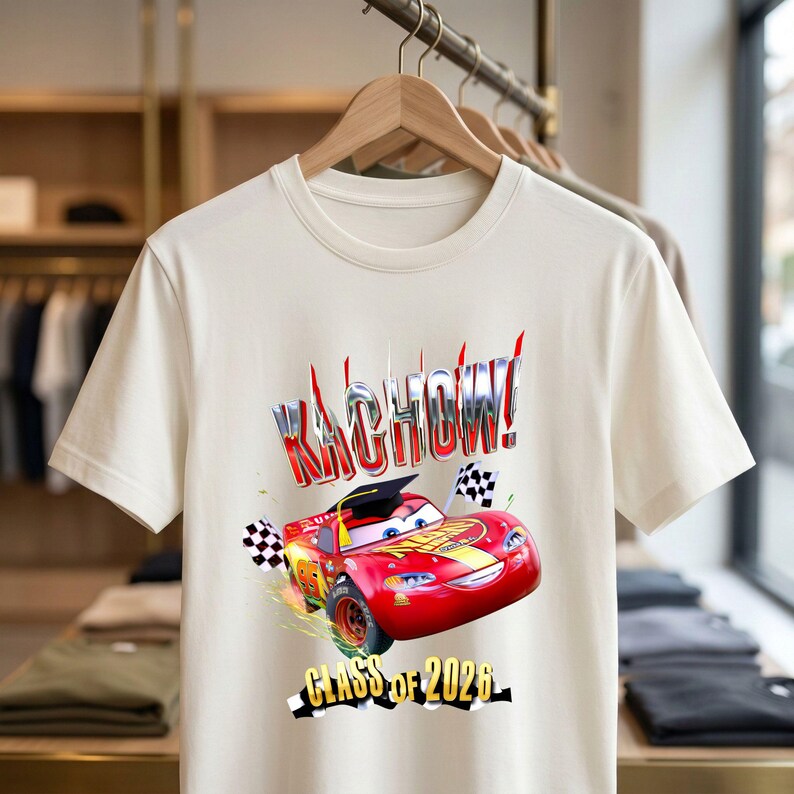 K&ouml;nnte beinhalten: Cremefarbenes T-Shirt mit einem roten Rennwagen-Motiv und dem Text "KACHOW!" in einer stilisierten Schriftart. Das Auto tr&auml;gt eine Abschlusskappe und wird von karierten Flaggen flankiert. Der Text "CLASS OF 2026" steht darunter.