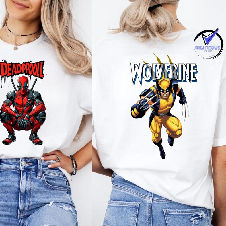 May include: Two white t-shirts featuring comic book characters. One shirt displays Deadpool in a red and black suit with the word "DEADPOOL" above. The other shirt shows Wolverine in a yellow and blue costume with the name "WOLVERINE".
