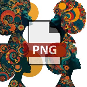 May include: An artistic digital illustration featuring four profiles of women with elaborate, colorful hairstyles. The hair is adorned with intricate patterns in shades of orange, teal, and yellow. The word "PNG" is overlaid on the image.