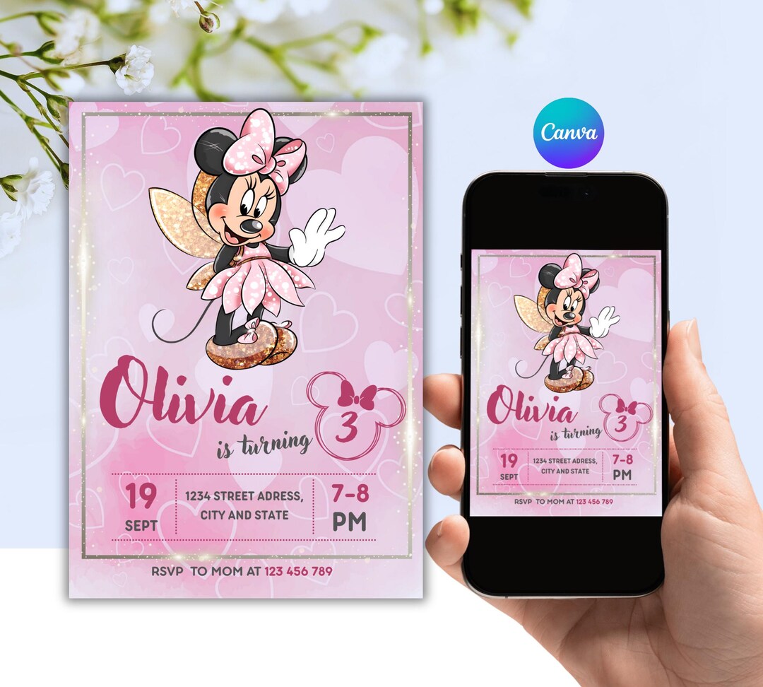 Editable Minnie Mouse Birthday Invitation: Pink Third Birthday, Canva ...