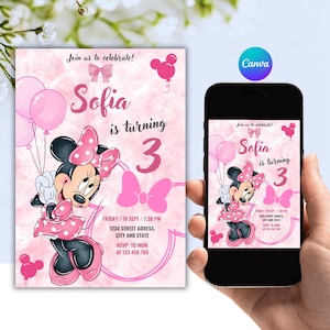 Op de afbeelding: Roze verjaardagsuitnodiging met Minnie Mouse en ballonnen. De tekst luidt "Sofia wordt 3" met evenementdetails. Een smartphone toont hetzelfde ontwerp.
