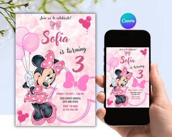 Invito modificabile per il terzo compleanno di Minnie Mouse, modello Canva rosa (download digitale)