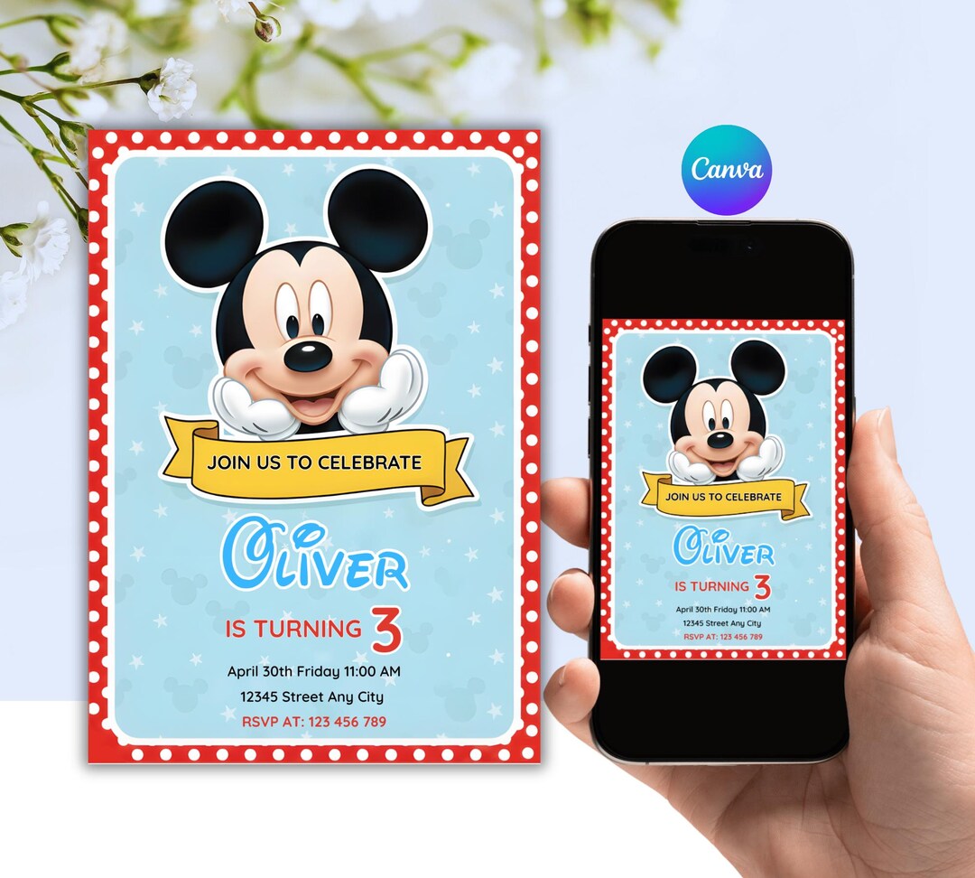 Editable Mickey Mouse 3rd Birthday Invitation Digital Canva Template - Etsy