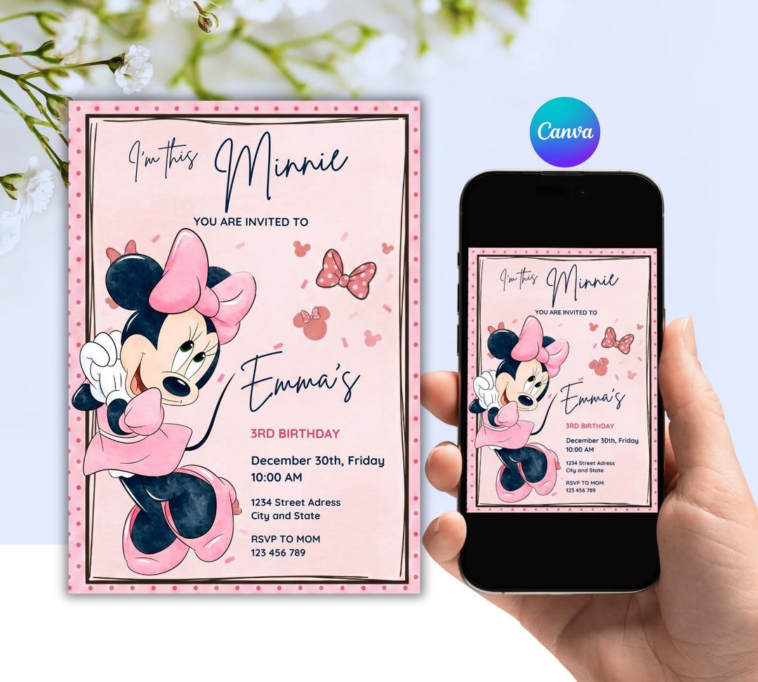 Editable Minnie Mouse Third Birthday Invite Pink Girl Party Digital