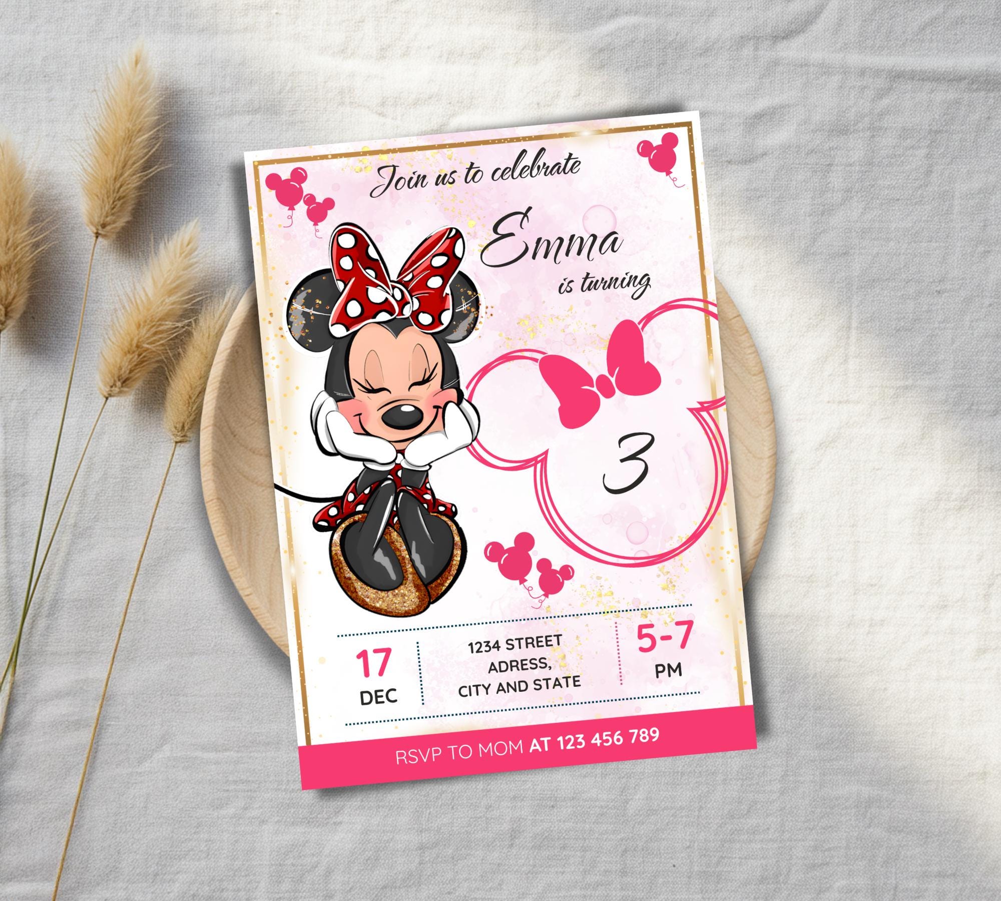 Editable Minnie Mouse 3rd Birthday Invitation, Canva Template (digital ...