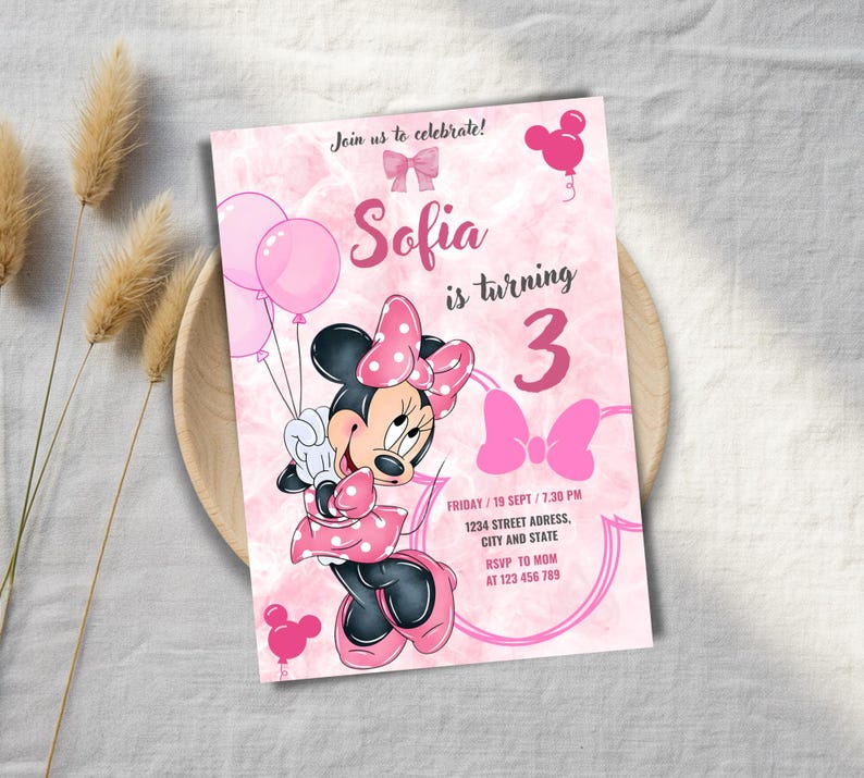 Editable Minnie Mouse 3rd Birthday Invitation, Pink Canva Template ...