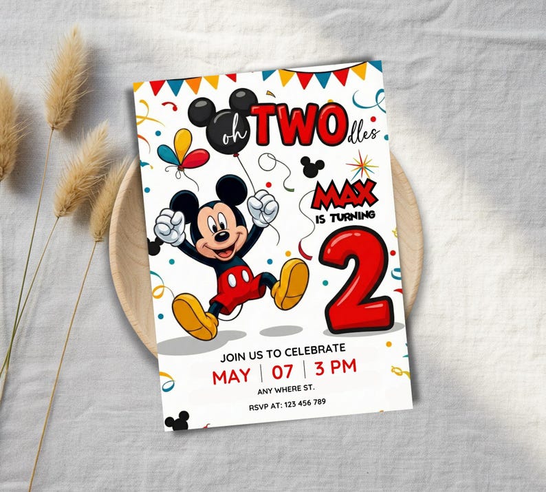 Editable Mickey Mouse Oh Twodles Birthday Invitation | Canva Digital ...