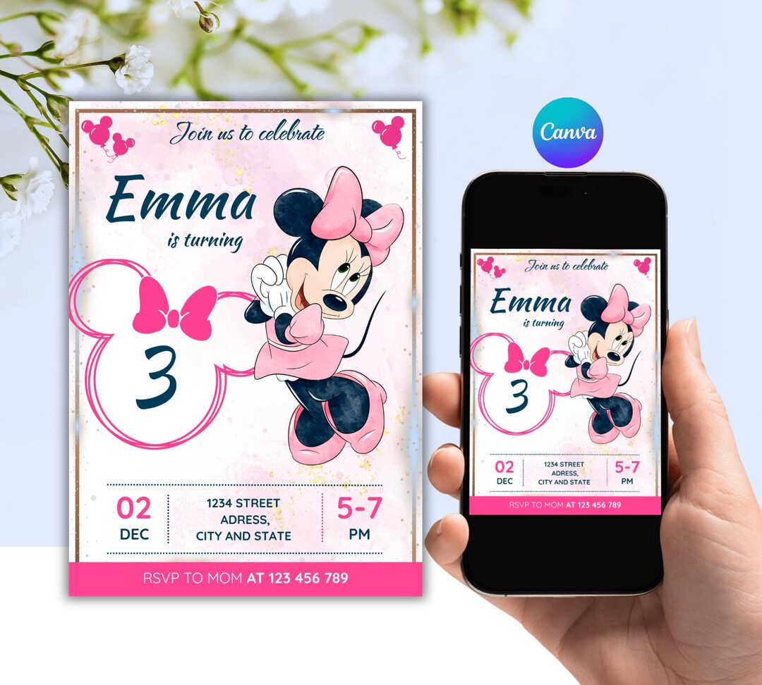 Editable Minnie Mouse Birthday Invitation, Third Pink Birthday Girl ...