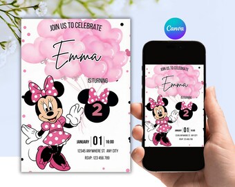 Editable Minnie Mouse Birthday Invitation Girl Digital Canva Template
