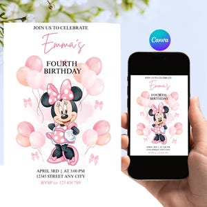 May include: A birthday invitation featuring Minnie Mouse, pink balloons, and the text "Emma's Fourth Birthday." The invitation is held on a smartphone. The design includes the date, time, and location.