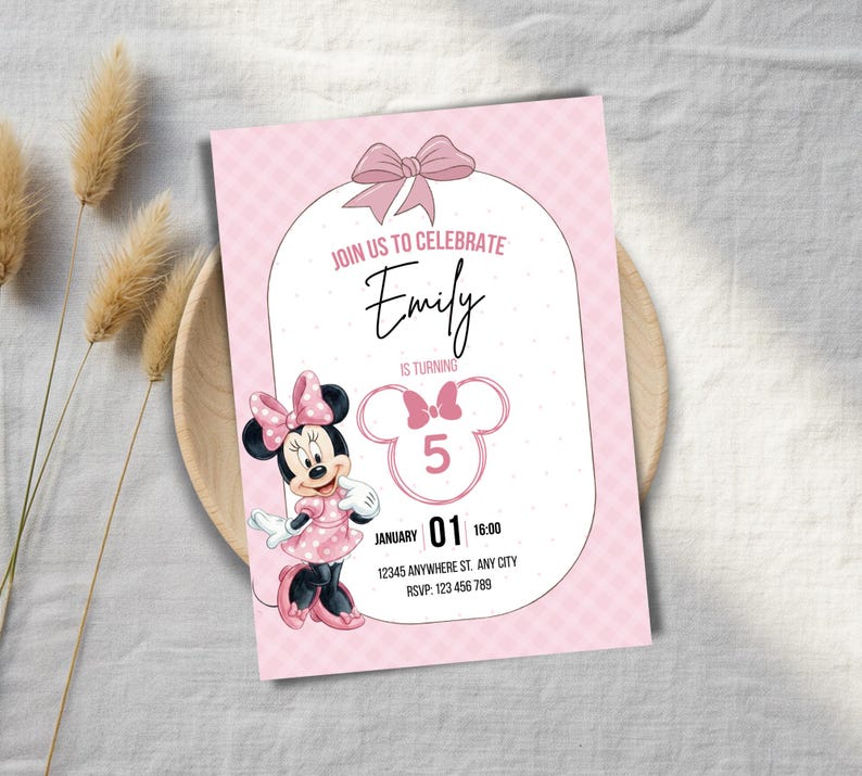 Editable Minnie Mouse 5th Birthday Invitation | Pink Canva Digital ...