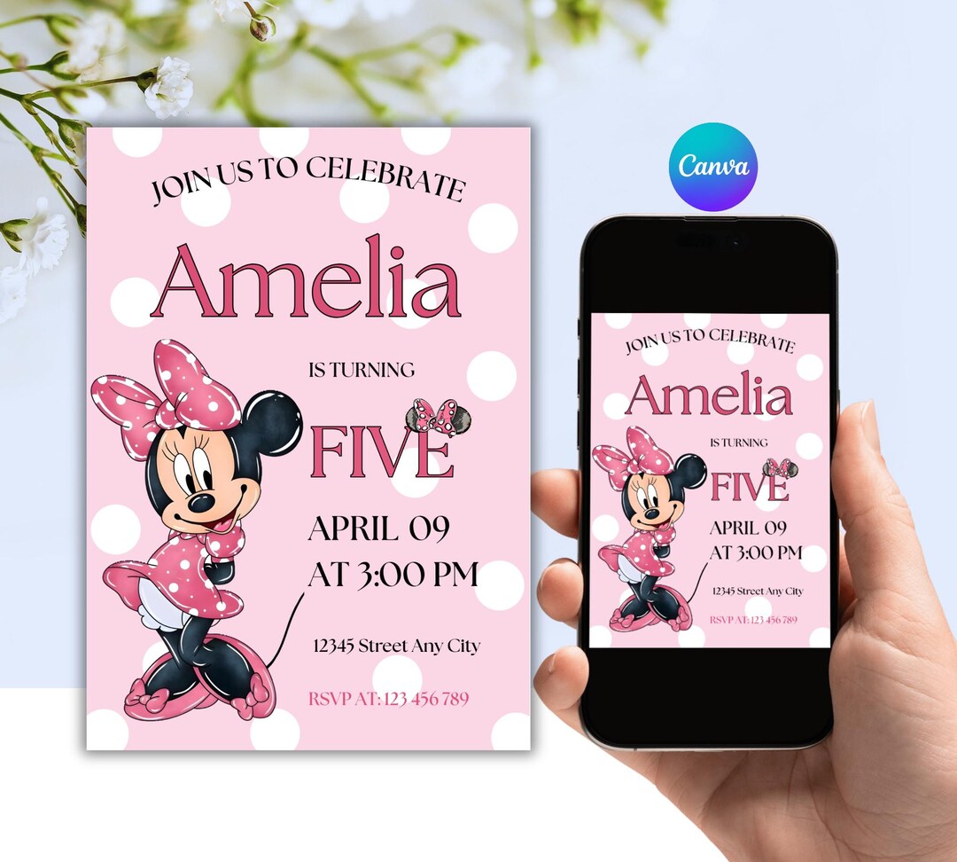 Editable Minnie Mouse 5th Birthday Invitation Girl, Pink Polka Dot ...