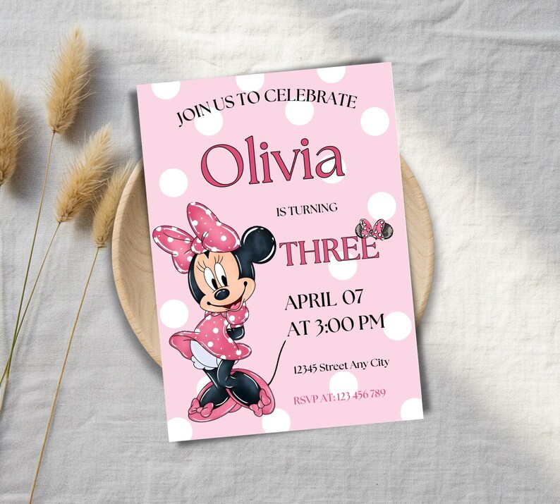 Minnie Mouse 3rd Birthday Invitation, Editable Pink Polka Dot Girl ...