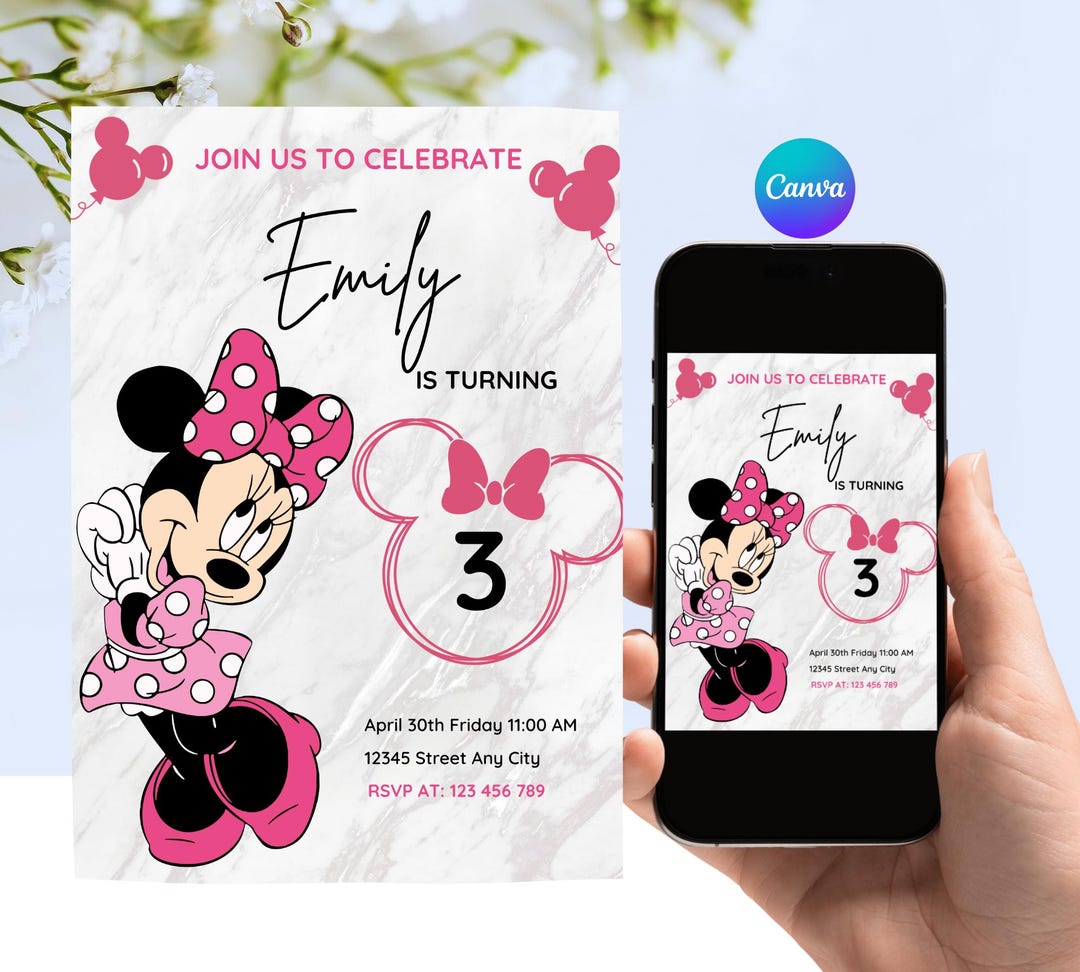 Editable Pink Minnie Mouse 3rd Birthday Invitation | 5x7 Canva Template ...