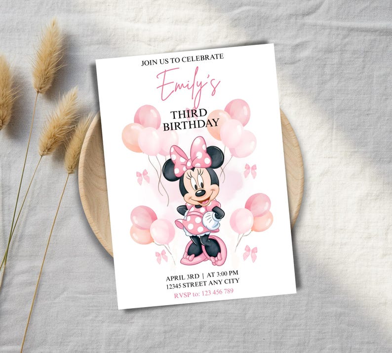 Minnie Mouse 3rd Birthday Invitation, Editable Pink 5x7 Canva Template ...