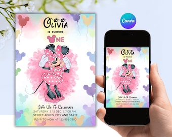Minnie Mouse 1st Birthday Invitation, Editable Canva Template (Digital Download)