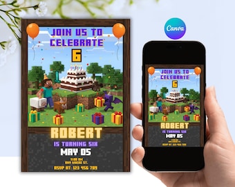 Pixel Block Birthday Party Invitation | Editable Canva Template | Digital Download