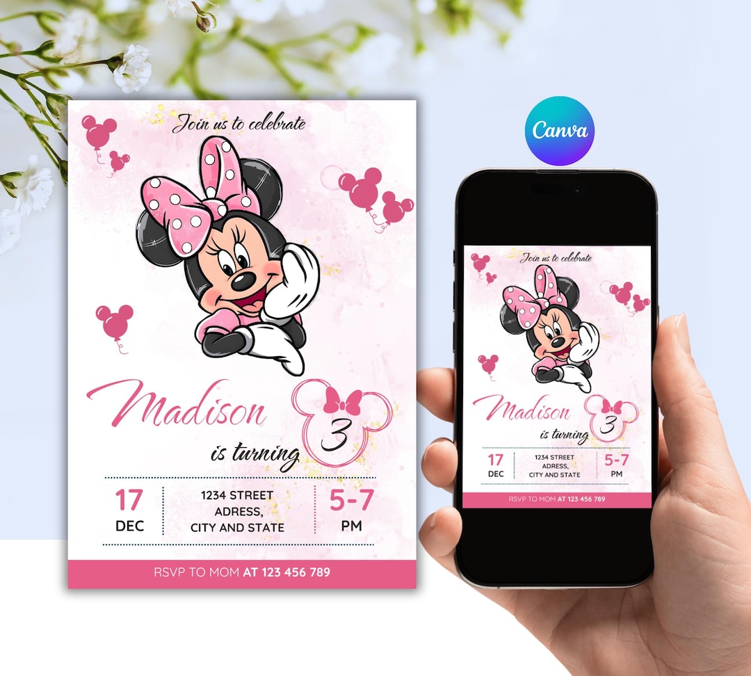 Editable Minnie Mouse Birthday Invitation, Pink Third Birthday Girl ...