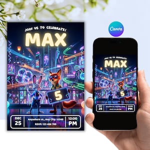 May include: A digital invitation for a neon-themed party, featuring the text "JOIN US TO CELEBRATE! MAX" in bright yellow. The invitation includes cartoon characters and the number "5". The date and time are also displayed. The invitation is shown on a smartphone.
