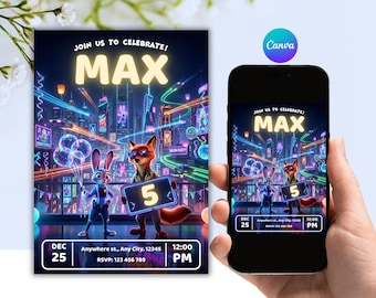 Neon Zootopia Birthday Invitation, Editable Canva Template, Judy Hopps Nick Wilde Digital Party Invite