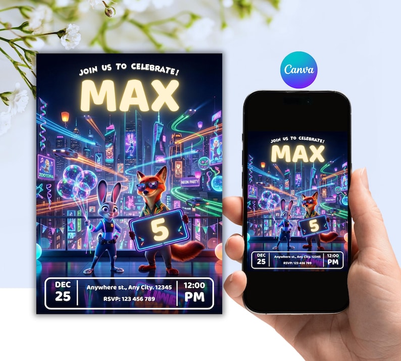 May include: A digital invitation for a neon-themed party, featuring the text "JOIN US TO CELEBRATE! MAX" in bright yellow. The invitation includes cartoon characters and the number "5". The date and time are also displayed. The invitation is shown on a smartphone.