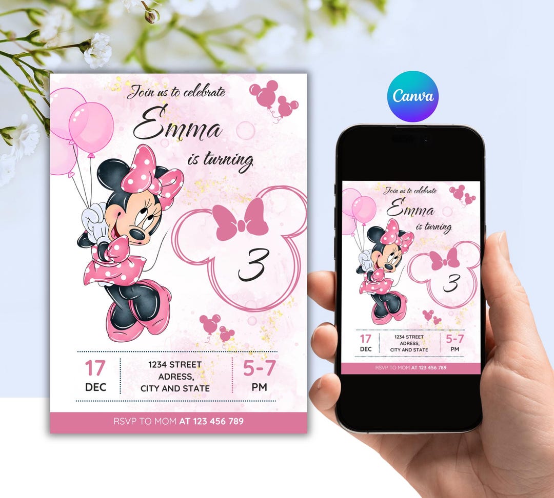 Editable Minnie Mouse 3rd Birthday Invitation, Pink Canva Template ...