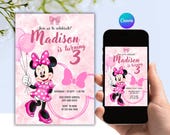 Editable Minnie Mouse Birthday Invitation, Minnie Mouse Birthday, Third Birthday, Pink Birthday Invite, Girls Minnie Invitations, Canva