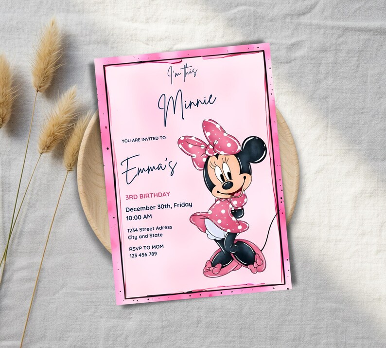 Editable Minnie Mouse 3rd Birthday Invite Pink Girl Party Digital Canva ...