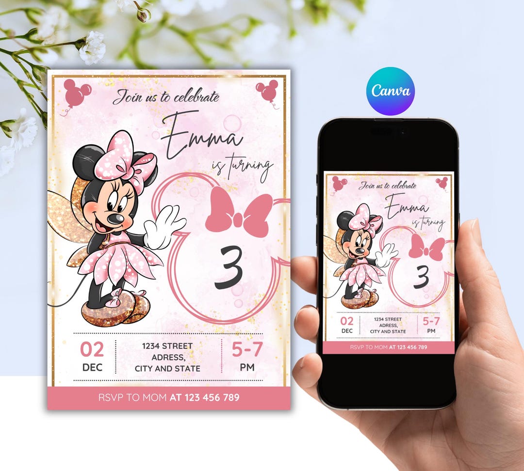 Editable Minnie Mouse Birthday Invitation, Pink 3rd Birthday Girl ...