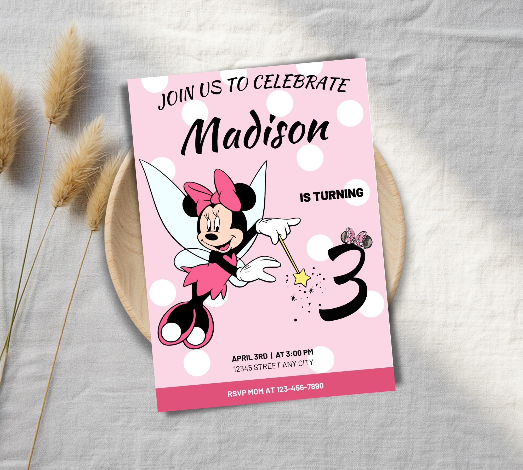 Editable Minnie Mouse Fairy Invitation, Pink 3rd Birthday 5x7 Canva ...