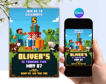 Editable Pixel Block Birthday Party Invite Digital Canva Template