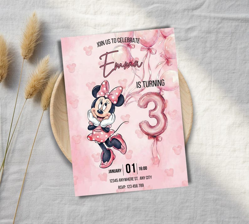 Editable Minnie Mouse Third Birthday Invitation | Pink Canva Party ...