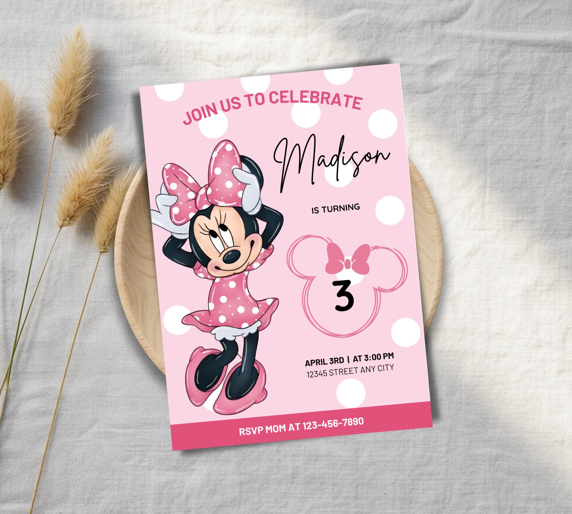 Editable Minnie Mouse 3rd Birthday Invitation, Pink Polka Dot Girl ...